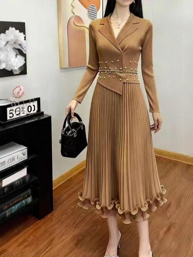 European & American Pleated Lux Plus Size Beaded Long Dress with Suit Collar