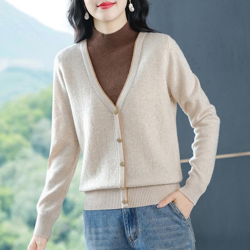 2025 Autumn Women's Slimming V-neck Woolen Sweater - Solid Color Knitwear Pullover