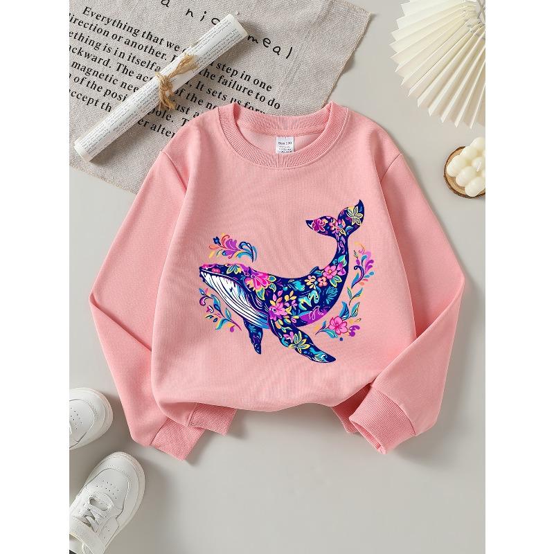Girls' Soft Crewneck Sweatshirt with Floral Whale Art Design And Cute Creative Print, Casual All-Match for Fall Winter, Ideal Holiday Present