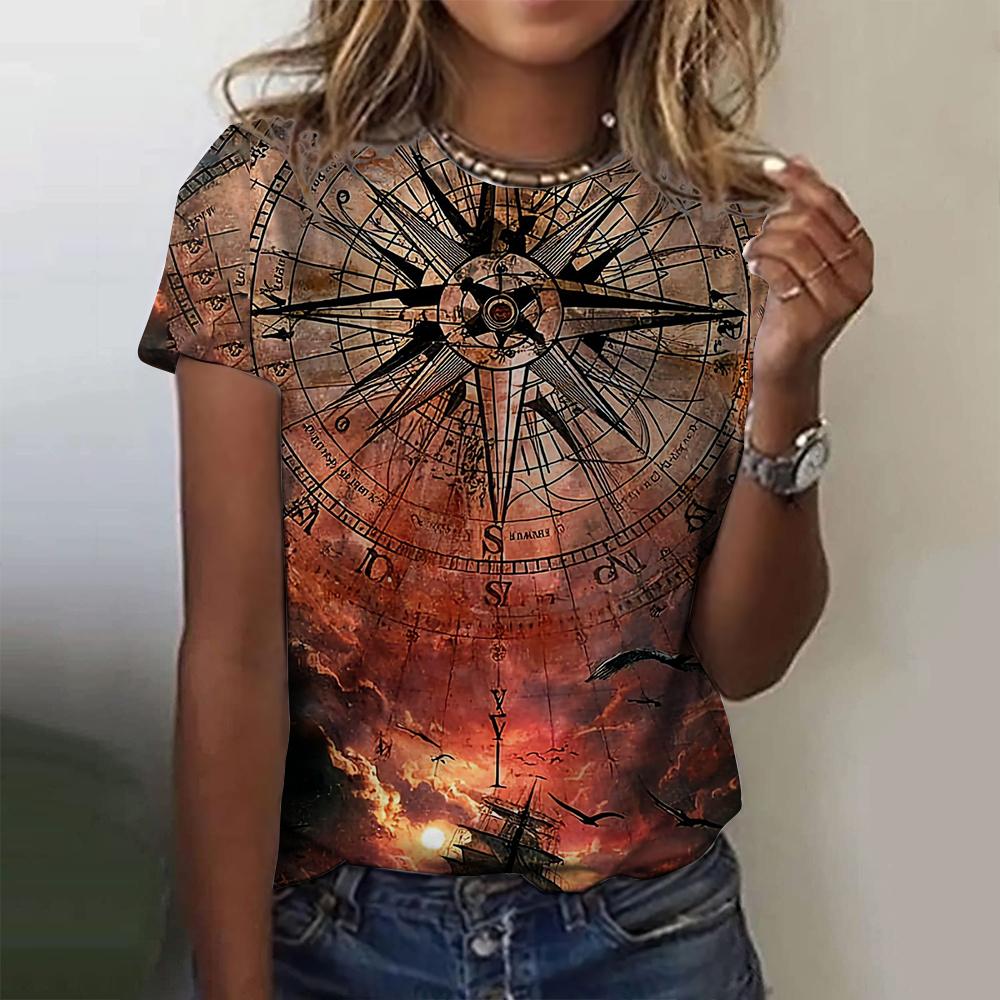 3D Printed Compass Anchor Pattern Women's T-shirt Summer Casual Round Neck Top Short Sleeve Loose T-shirt Daily Short Sleeve
