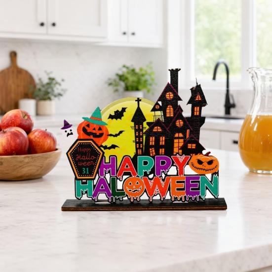 Wooden Halloween Ghost Pumpkin Figurine, Rustic Table Decor for Home Party, Spooky Shelf Decoration for Fall