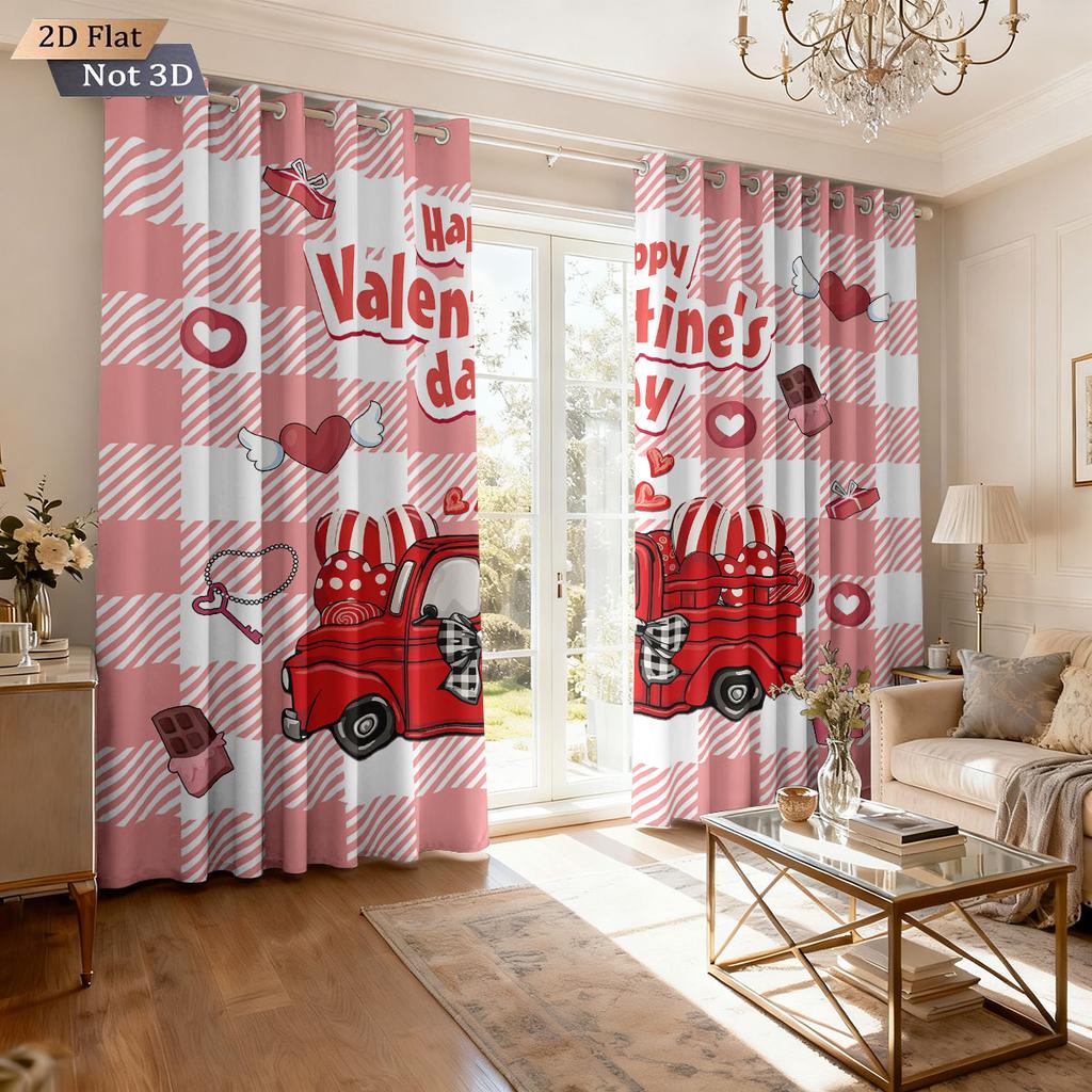 2pc Valentine's Day Romantic Love Car Print Shading Perforated Curtains Multi Size Living Room Insulation Festival Decoration