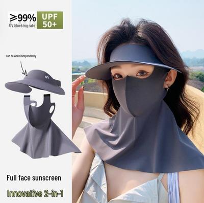 Women's UV Protection Facekini: Removable Ice Silk Mask with Brim, Full Face & Neck Shield.