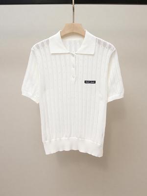 Autumn French Style Women's Knitted T-Shirt with Applique and Turn-Down Collar