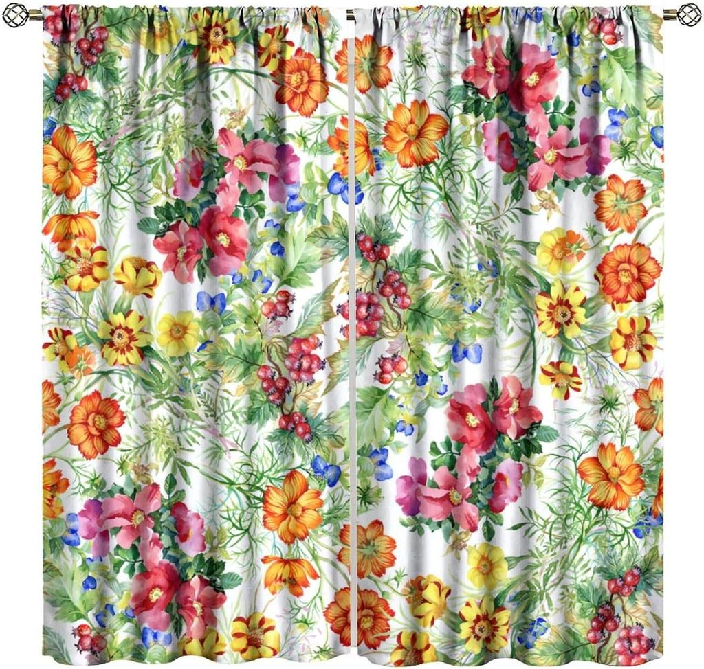 Floral Curta,Farmhouse Colorful Watercolor Wildflower Spring Flower Plant Botanical Pattern Decor Print Window Drapes For