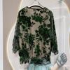 Women's Silk Blouse Spring Autumn Three-quarter Sleeve Loose Fit Rhinestone Plus-size Blouse Mesh Floral Velvet  Pullover