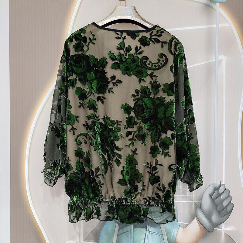 Women's Silk Blouse Spring Autumn Three-quarter Sleeve Loose Fit Rhinestone Plus-size Blouse Mesh Floral Velvet Pullover