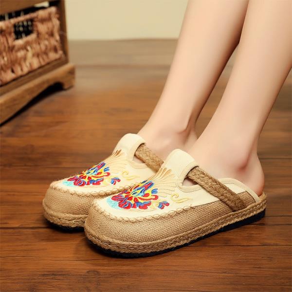 

Модная женская обувь тапочки плоские шлепанцы разноцветные сандалии 2025 ткань цветочный смешанные цвета этническая вышивка женская обувь тапочки шл 35