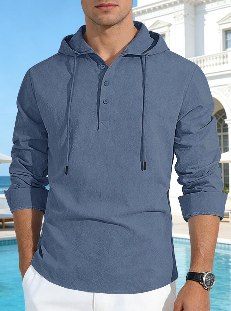 Men's Cotton Linen Hooded Long Sleeve Shirt Lightweight Quick Dry Loose Casual Solid Color Top