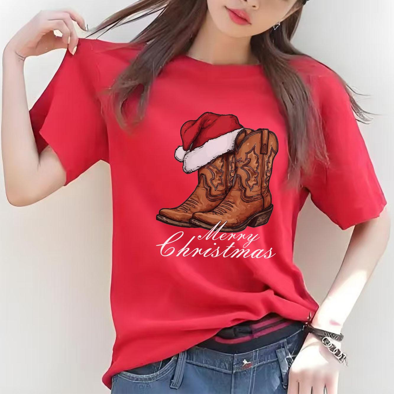 

Fashionable Christmas hat boots printed pattern short sleeved round neck versatile Womens holiday Tshirt S