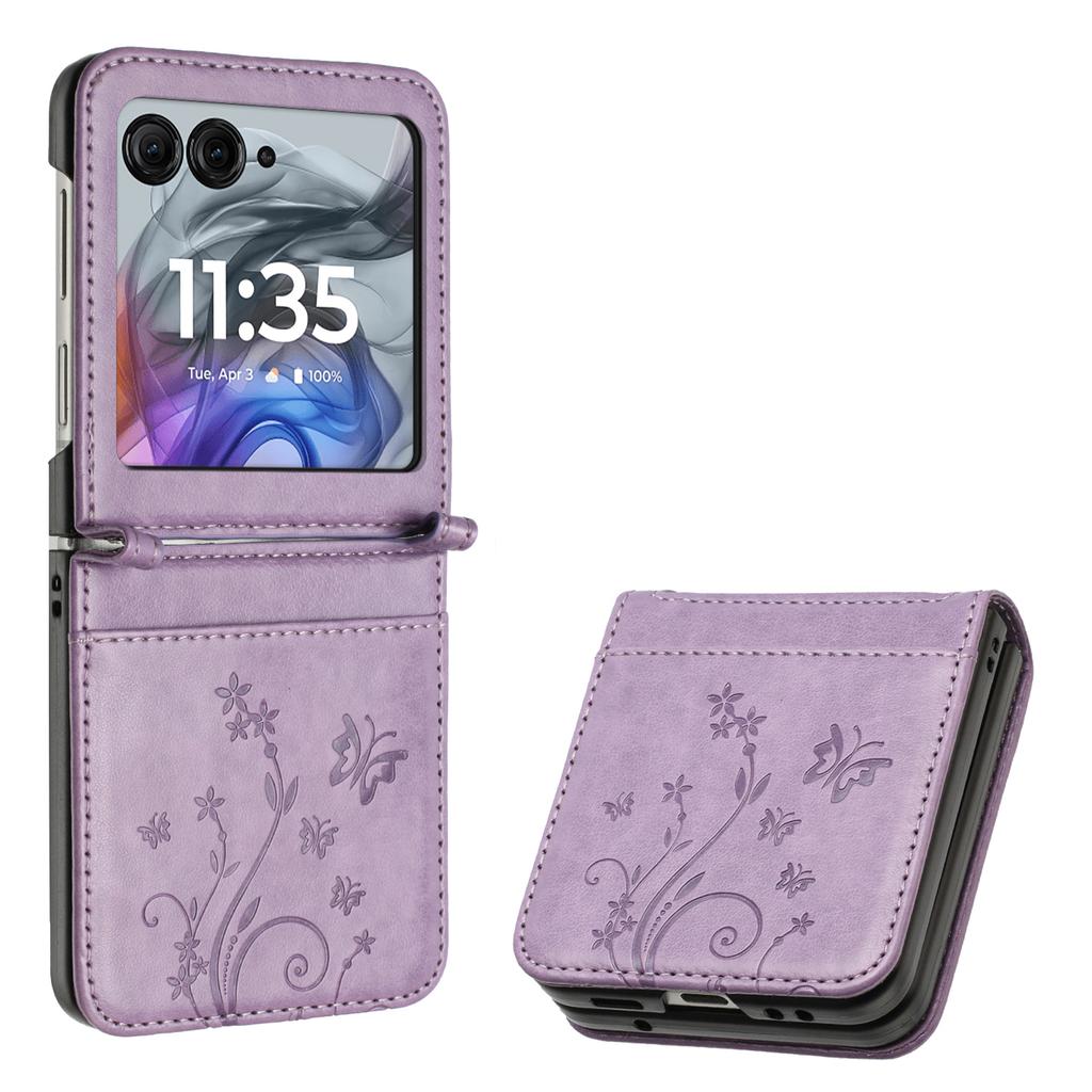 For Motorola Razr 60/50 5G Leather Case Butterfly Flower Imprinted Phone Cover with Strap