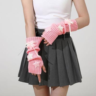 New Y2K Long Wrist Gloves Thicken Stars Knitted Arm Sleeves Soft Solid Color Arm Warmers Women