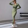 Damen Frühling Herbst Kleid V-Ausschnitt Schlitz Saum Faden Slim Fit Lange Ärmel Knöchellang Gestrickt Elastisch Maxikleid Shopping Dating Party Kleid