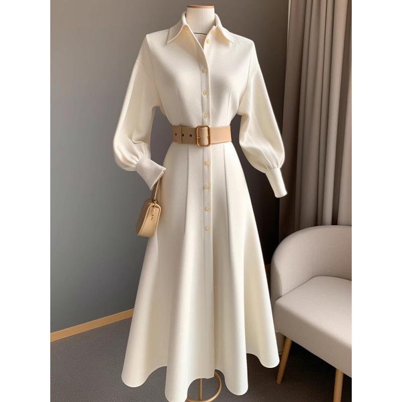 Chic Commuter White A-Line Dress: Korean Style Slim Fit for Autumn/Winter