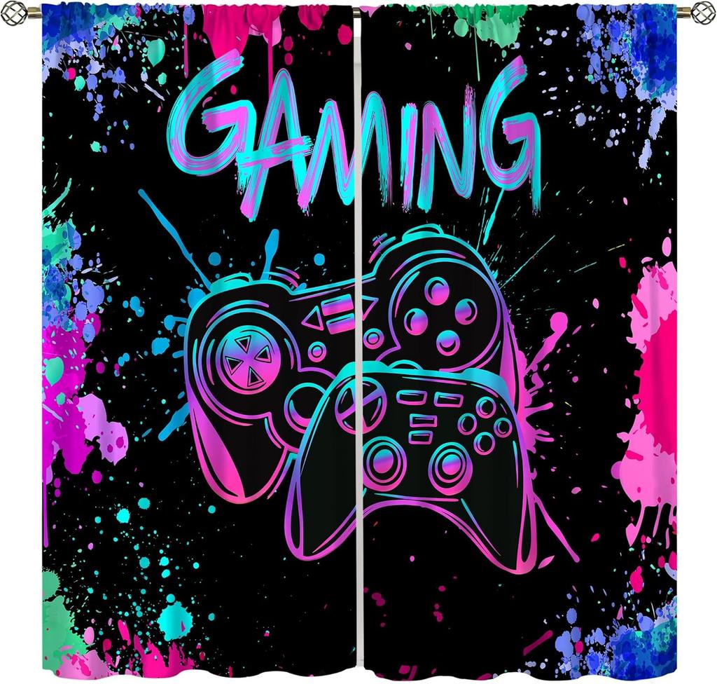 Spiel Vorhänge Cartoon Gamepad Junge Mädchen Teenager Schlafzimmer Neon Dekorativ Küche Wohnzimmer Vorhang Set Bahnen Polyester Perfekt Für Bereich