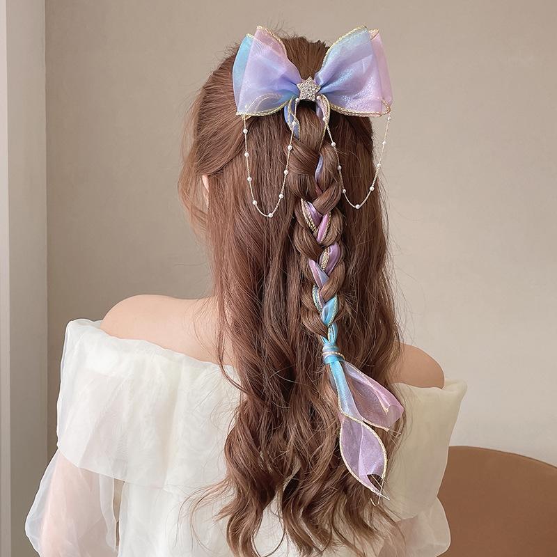 Pearl Bow Headband Hairpin Children's Braided Ponytail Tassel Streamer Hairpin Hairband Female Hair Tie Girl Hair Accessories