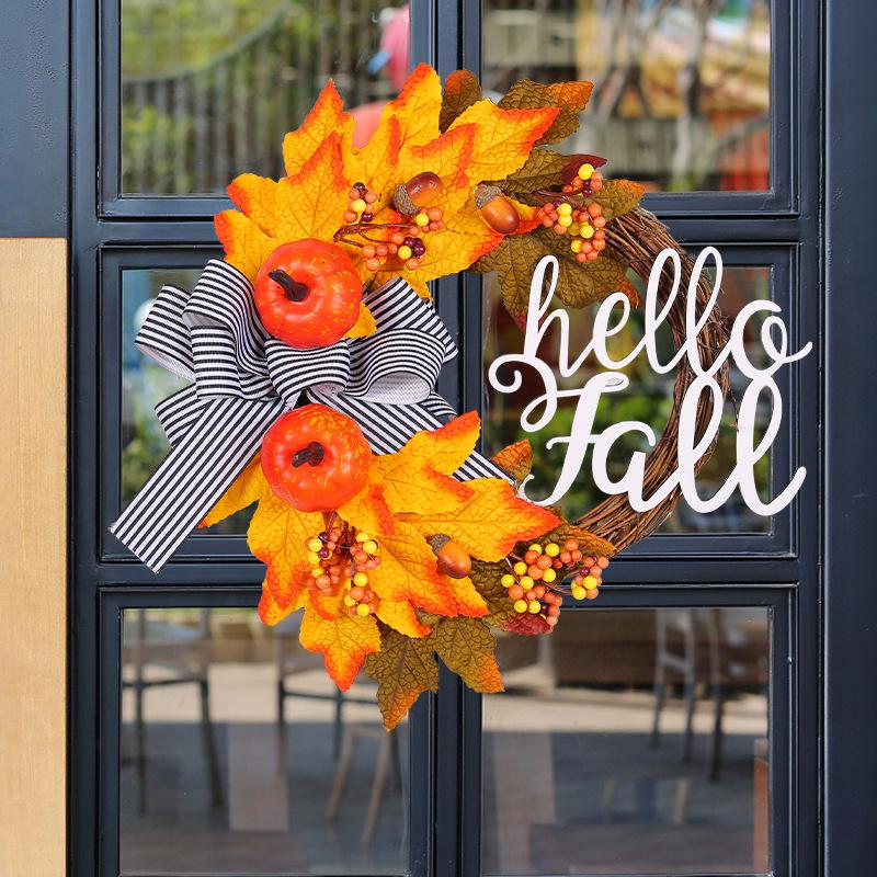 1 pc HELLO FALL front door hanging wreath, Harvest festival decor wreath, pumpkin and maple leaves decor garland, decoratibe flowers wreath