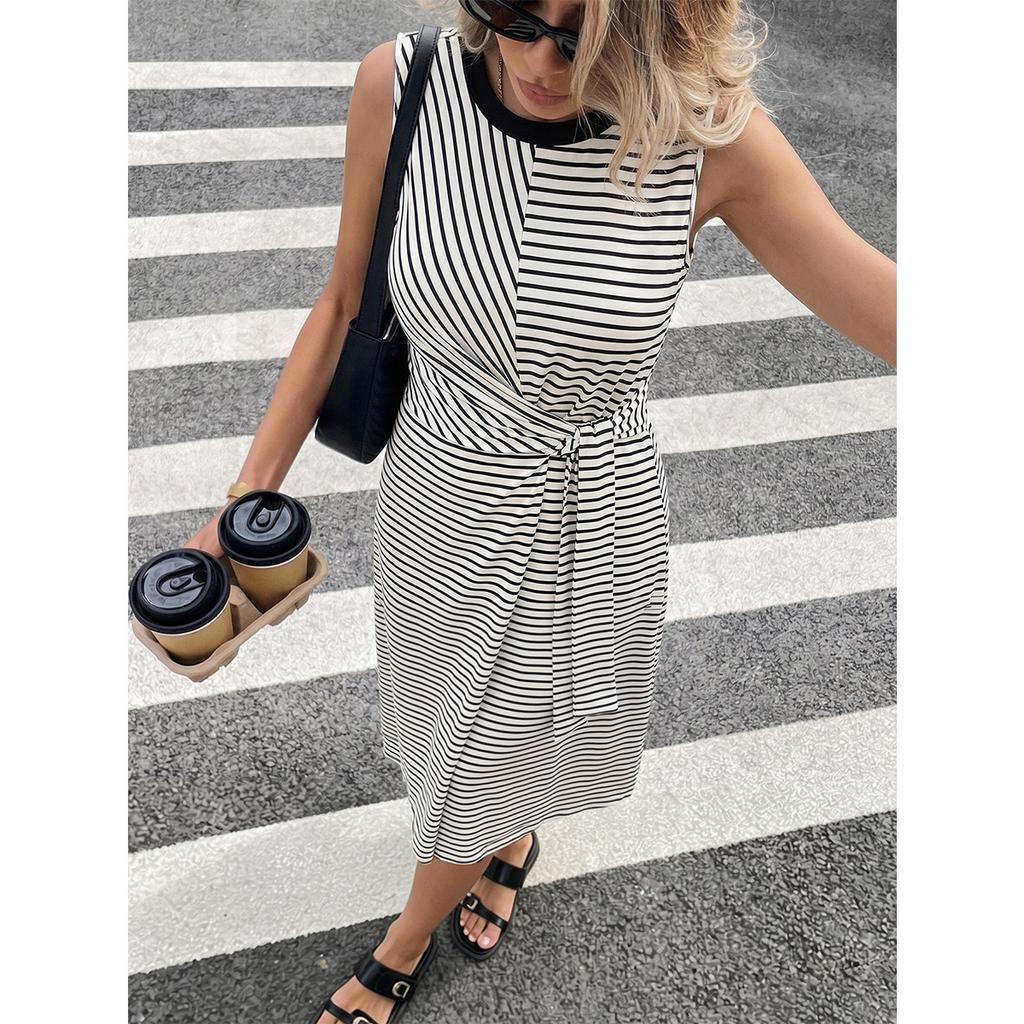 Women Spring Summer Elegant High Waist Round Neck Loose Striped Dress Fashion Comfortable Versatile Dress