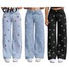 Stretchy Slim Jeans Girl's Bow Cherry Print Baggy Jeans, Wide Leg Mid Waisted Denim Pants for Women Pants, Zipper Fly Elastic Casual Streetwear