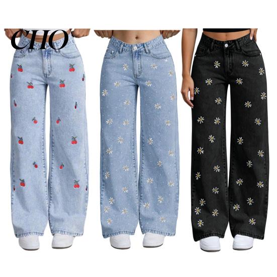 Stretchy Slim Jeans Girl's Bow Cherry Print Baggy Jeans, Wide Leg Mid Waisted Denim Pants for Women Pants, Zipper Fly Elastic Casual Streetwear