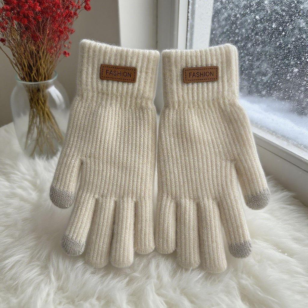 Damen Winter Fleece Touchscreen Fahrradhandschuhe, Verdicktes Niedliches Strickmuster, Kälteabweisend, Fünf-Finger-Design.