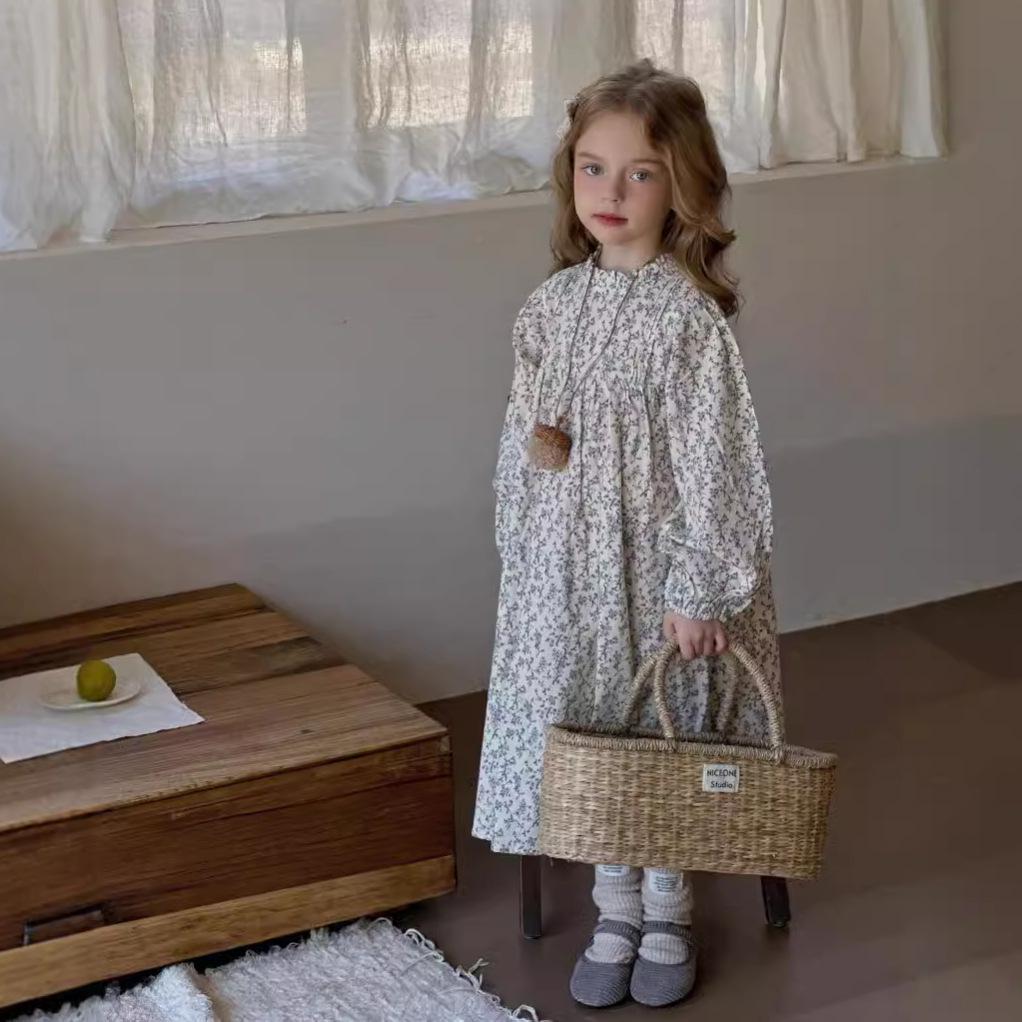 Dziewczęca wiosenna sukienka księżniczki z długim rękawem w kwiaty na rok 2025 - Moda dziecięca w stylu koreańskim