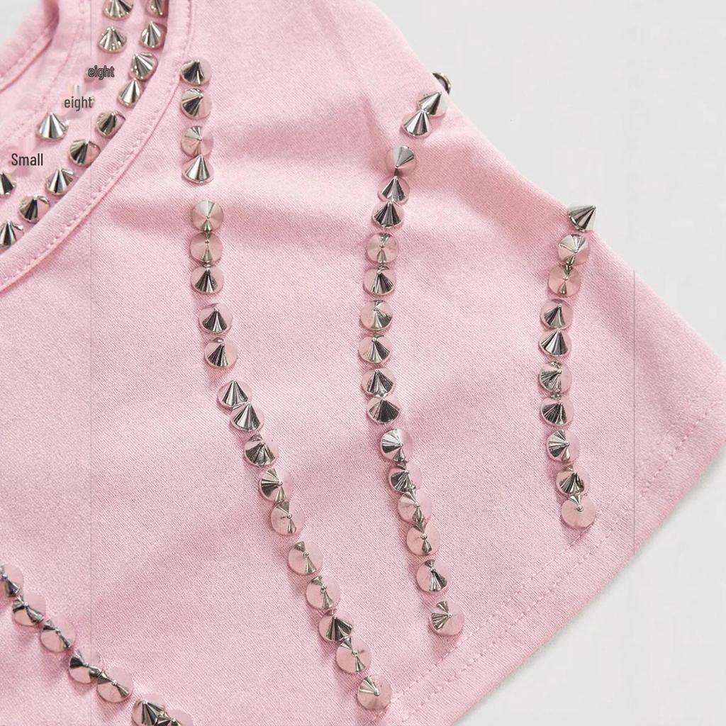 Y2K Fashion Trend Pink & Silver Rivet Camisole - Waist-Cinching Cropped Vest