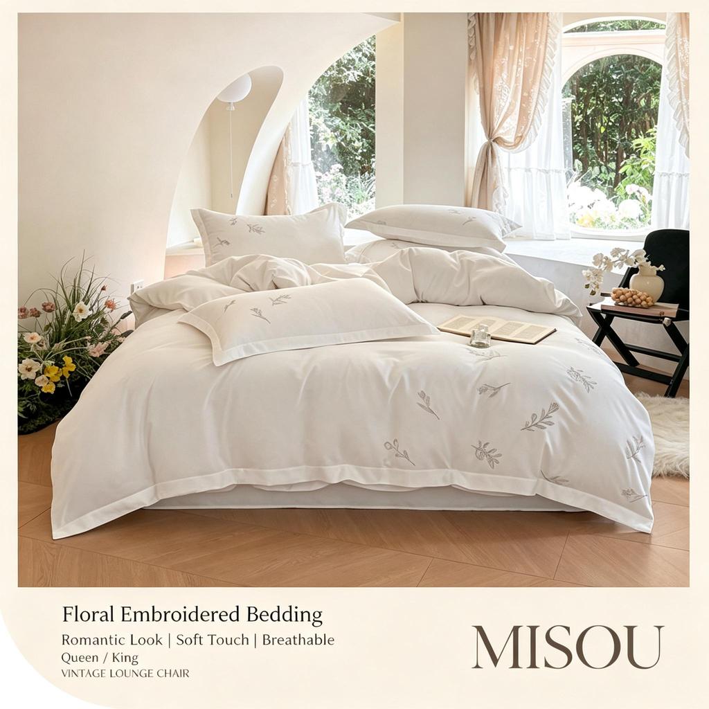 100% Cotton 4‑Pieces Bedding Set Solid Color Hotel Style Bed Sheet Duvet Cover Pillowcases for Guesthouse Hostel Hotel