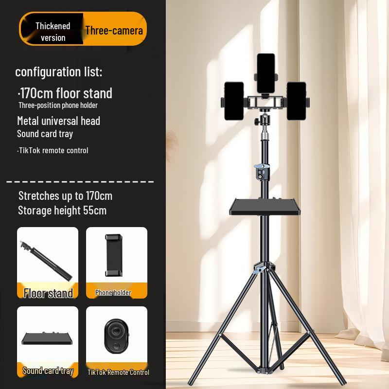 Dual-Position Carbon Steel Phone Stand with Fill Light for Outdoor Streaming