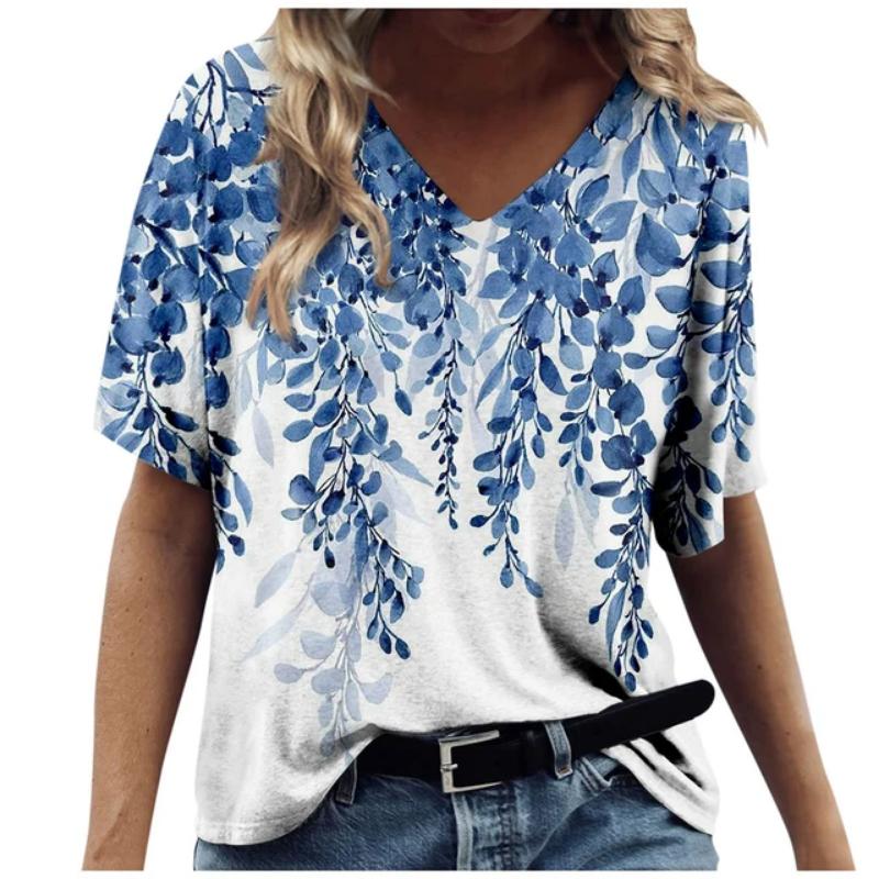 2024 Retro Women's V-Neck T-Shirt Short Sleeve Floral T-Shirt Casual Fashion Floral T-Shirt Street Korean Style Oversized Top