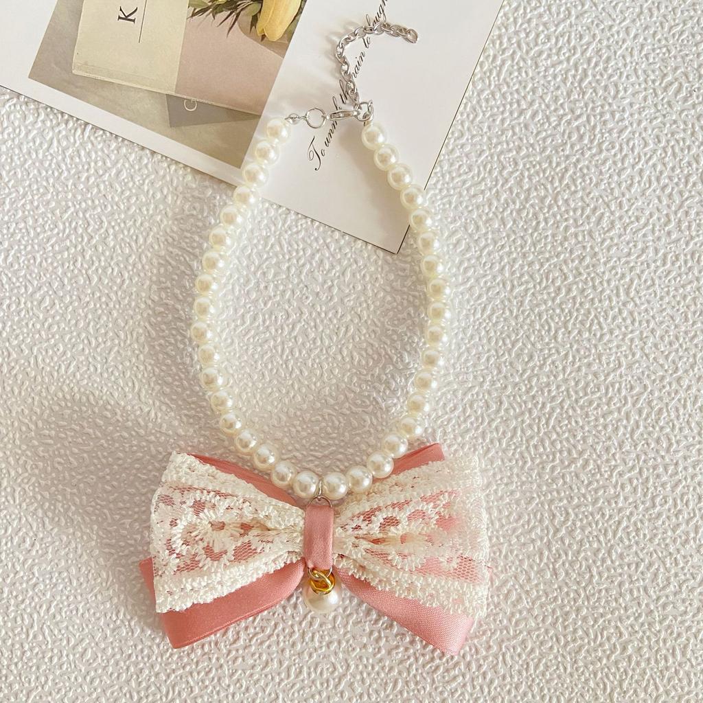 INS Princess Style Bow Ribbon Pet Pearl Necklace Sweet Temperament Cat Dog Collar Neck Ornament Neck