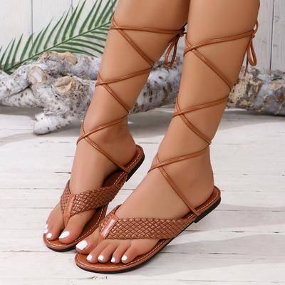 Mode Damessandalen 2025 Zomer Gevlochten Platte Casual Sandalen Kruis Vetersluiting Dames Romeinse Sandalen Sandalias De Mujer Damesschoenen