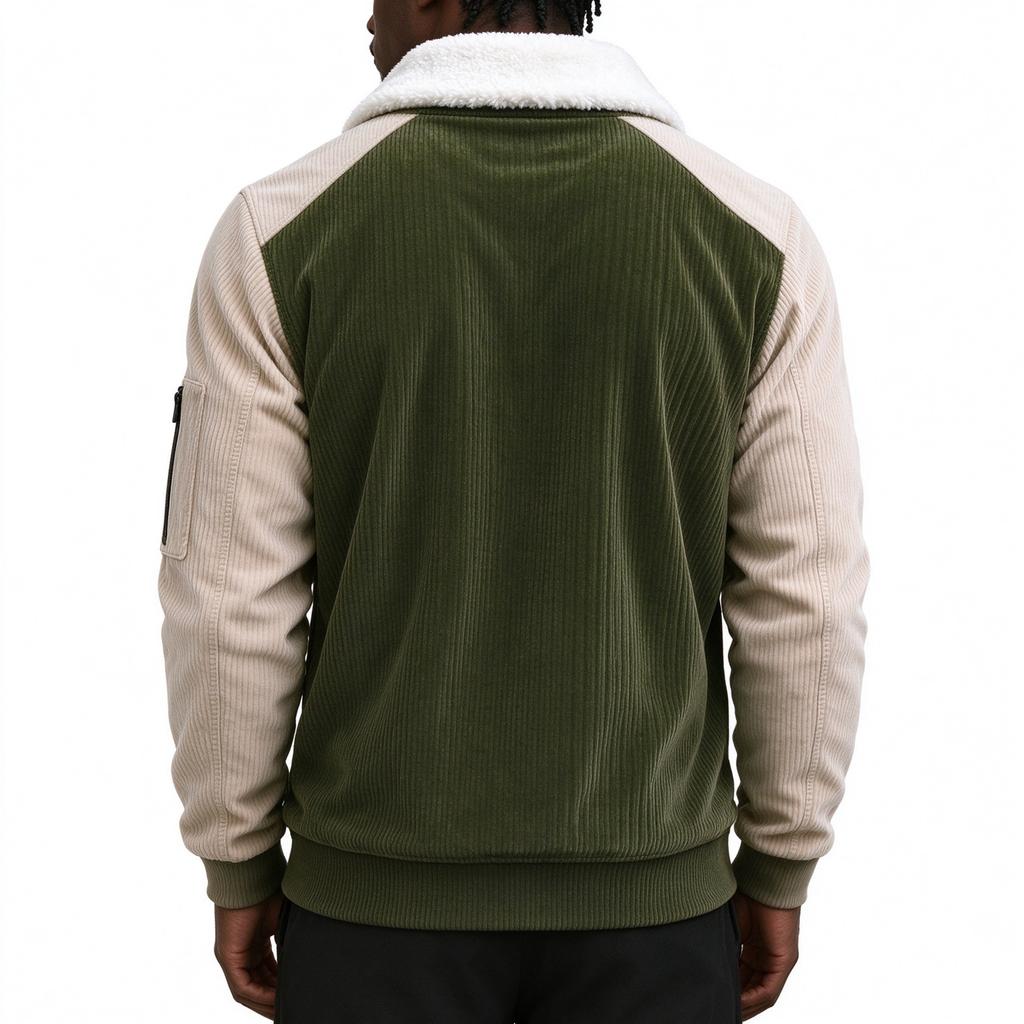 Men's Winter Corduroy Color Block Long Sleeve Lined Collared Top with Arm Zippers