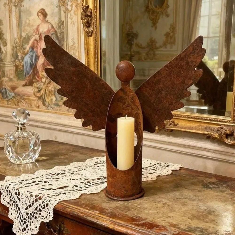 Metal Angel Candle Holder Rust Candlestick Ornament Candlestick Outdoor Decoration