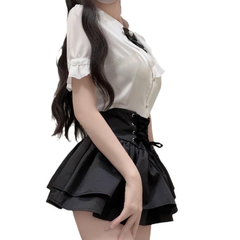 High-Waisted Retro Black Balloon Skirt with Double-Layer Elegant Shirt
