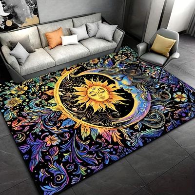 [Comfortable  Crystal Velvet Rug]1pc Crystal Velvet 3D Sun and Moon Art Printed Bohemian Mandala Rug - Vibrant