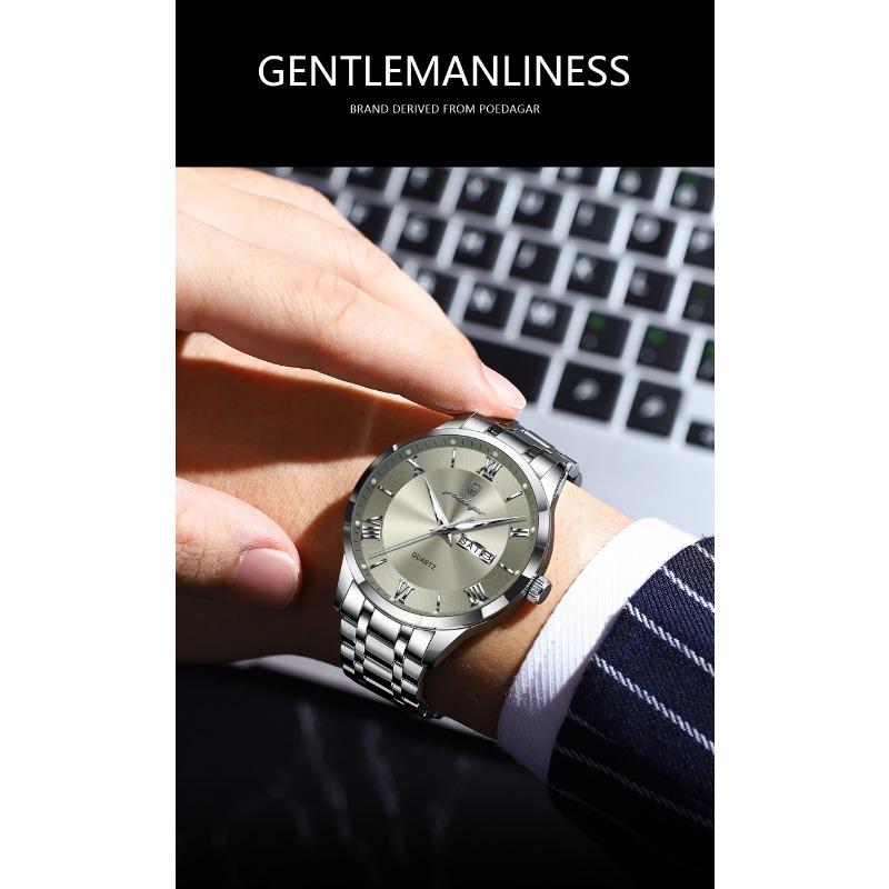 POEDAGAR Luxury Fashion Men Clock Waterproof Luminous Week Date Sports Wristwatch Stainless Steel Quartz Watches Reloj