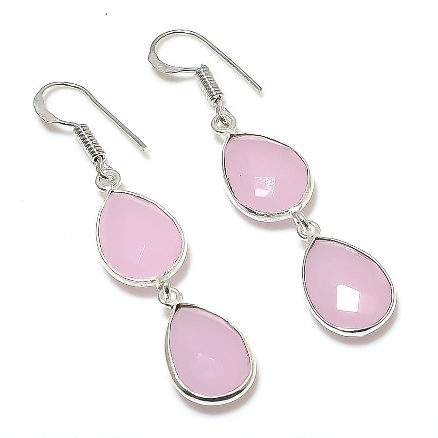 Pink Chalcedony Gemstone Handmade 925 Sterling Silver Jewelry Earring 2.09" GK-6258