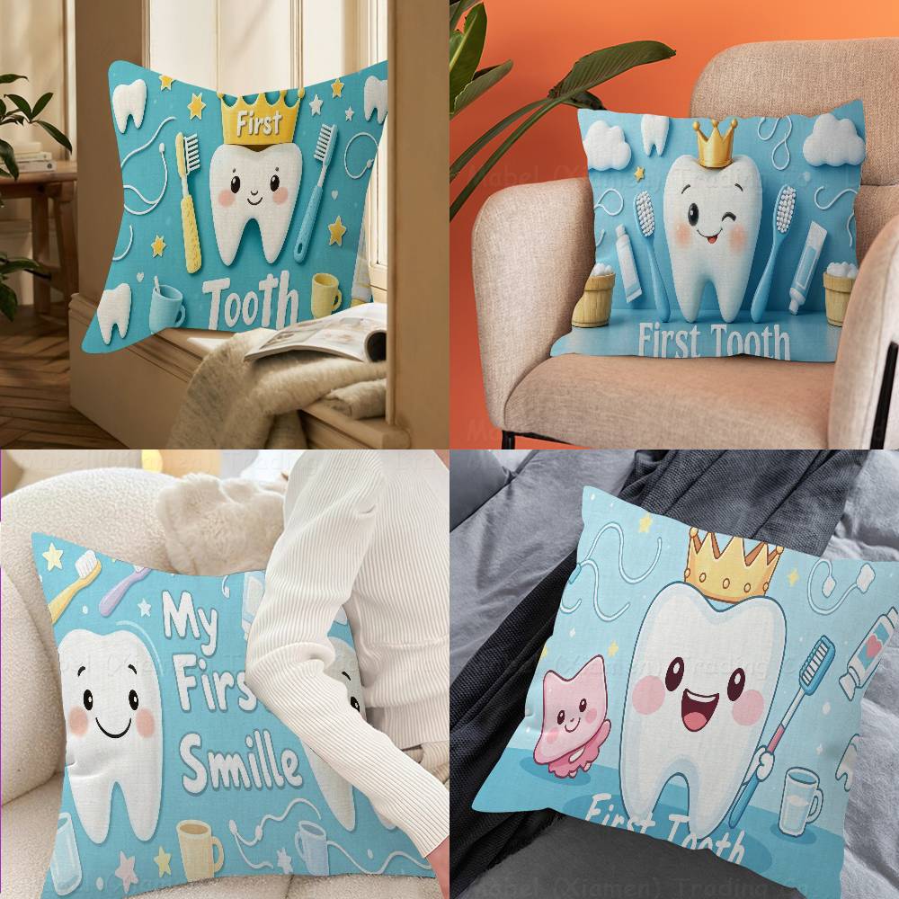 Baby Cartoon Pink Blue My First Tooth Pillow Cushion Cover Pillowcase Living Room Sofa Home Decor Customized