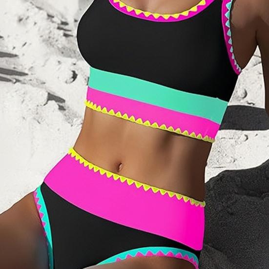 3Pcs/Set Swimsuit Set Padded No Underwire Bra High-Waist Bikini Briefs Set with Overskirt Color-Blocked Wave Pattern Bikini Set