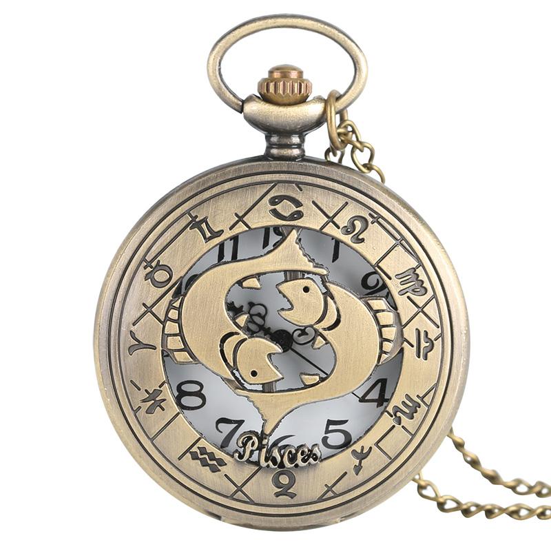 12 Constellation Astrology Zodiac Retro Pocket Watch Bronze Necklace Pendant Mens Women Hollow Flip Cover Quartz Christmas Gifts