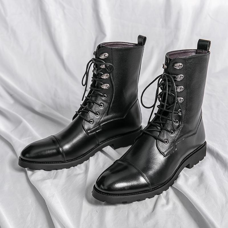 Men's Plus Size Lace-up Black Denim Motorcycle Boots - Autumn/Winter Fashion