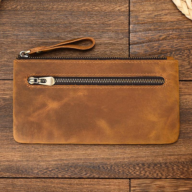 Crazy Horse Leather Zipper Wallet Simple Style Coin Purse With Key Chain For Car Key Purse Genuine Leather Men Women Coin Bag