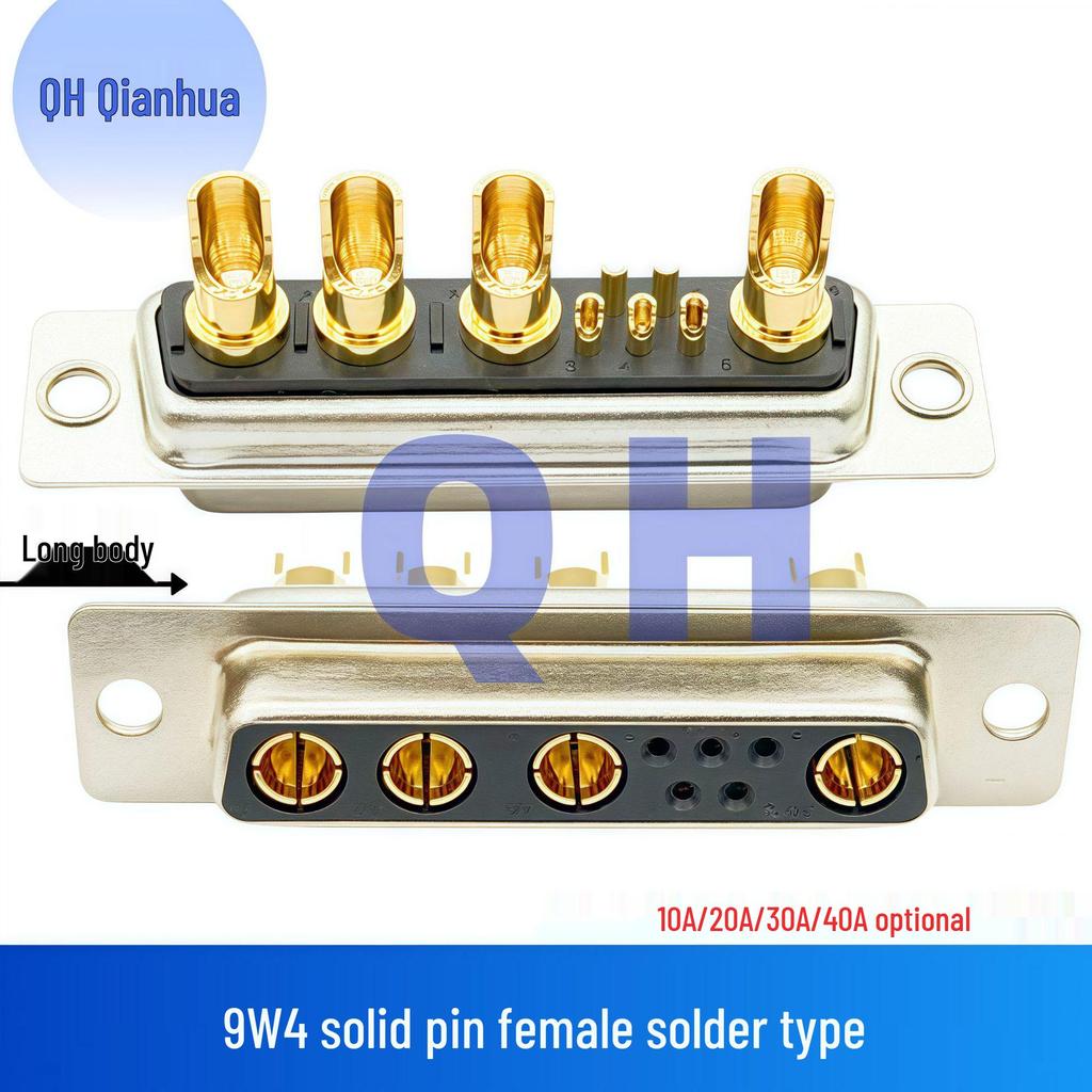 Gold-Plated 9W4 Male/Female Solid Pin High Current D-Sub Connector, Solder Type Plug