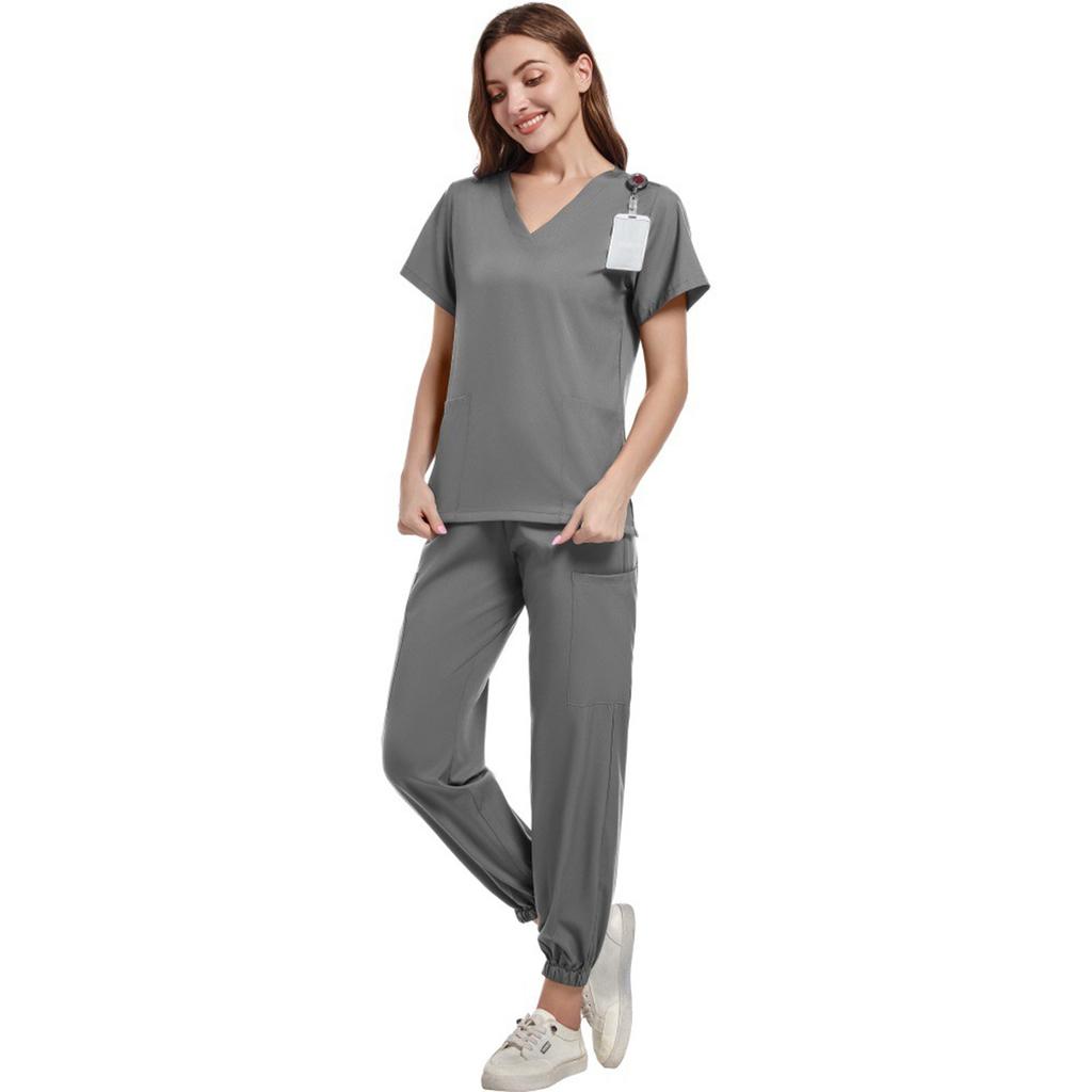 Women's Set V-Neck Short Sleeve Top with Pockets and Long Pants, Quick Dry Color Uniform for Healthcare Workers