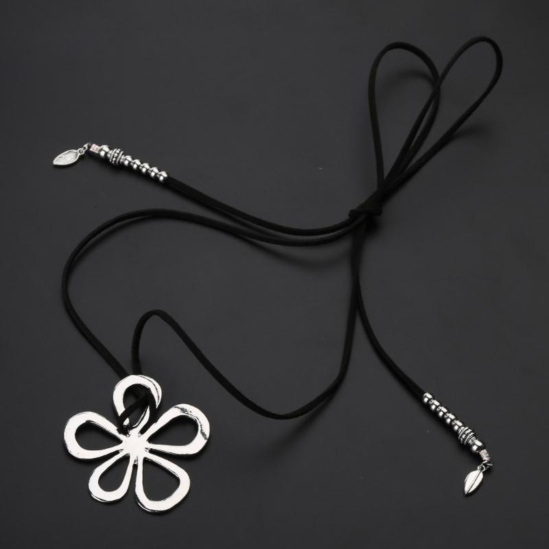 Tibetan Silver Abstract Large Hollow Flowers Charms Pendant Necklace With Black Faux Suede Cord Long Necklace Handmade Jewelry