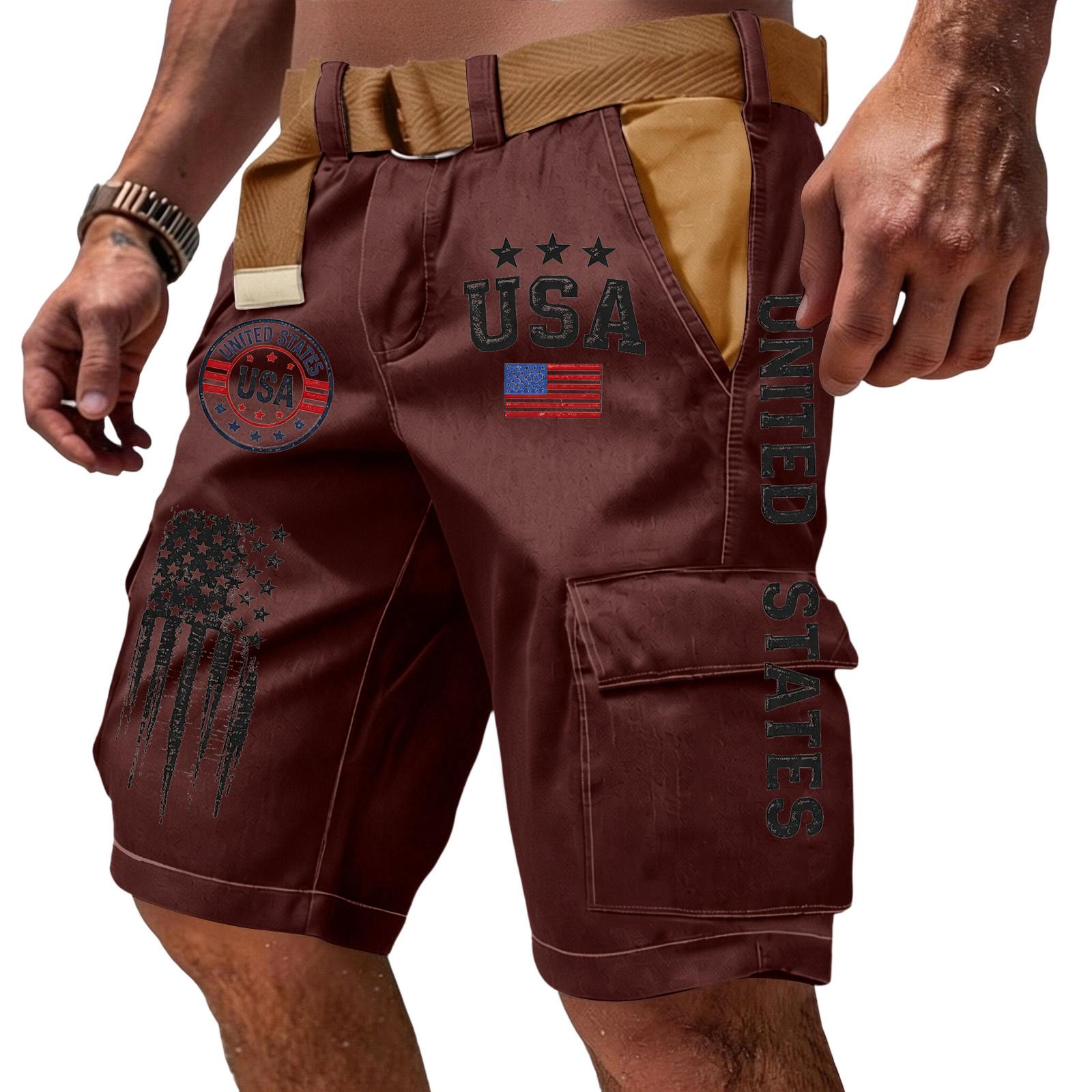 

Men s Casual Multi Pocket Cargo Shorts with Embroidered Lettering and Flag Print Lightweight Durable Fabric Suitable for Outdoor Activities XXXL