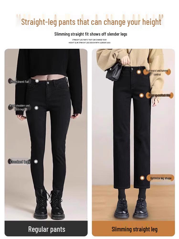 Women's Black High-Waist Cropped Jeans: 2026 Spring/Autumn Slimming Cigarette Pants