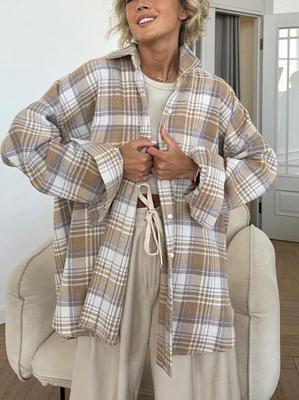 Dámská oversized retro kostkovaná košile s dlouhým rukávem, bunda, podzim 2025