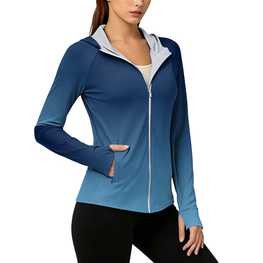 Felpa con Zip e Cappuccio da Donna Leggera con Tasche Manica Lunga Stampa Degradé Giacca Protezione Solare per Attività all'Aperto